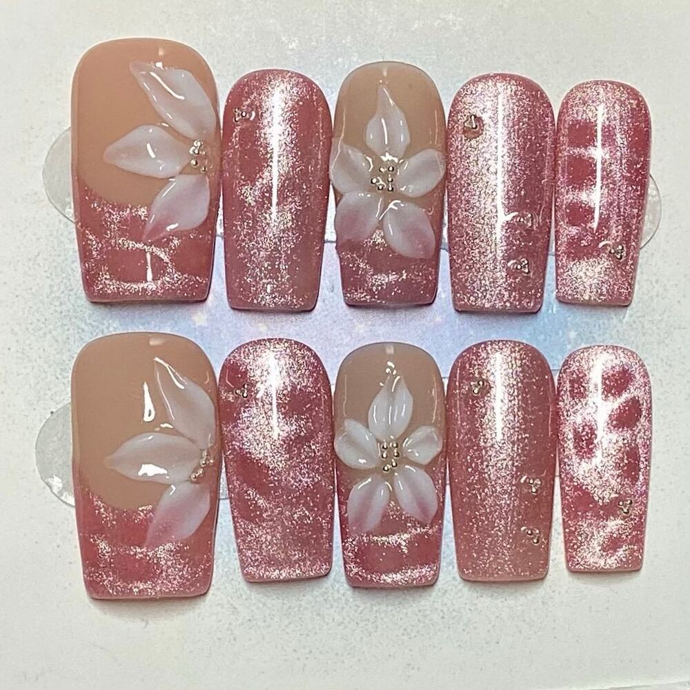 3D Flower Pink Cat Eye French Tip Square Press On Nails Small Medium & Large
